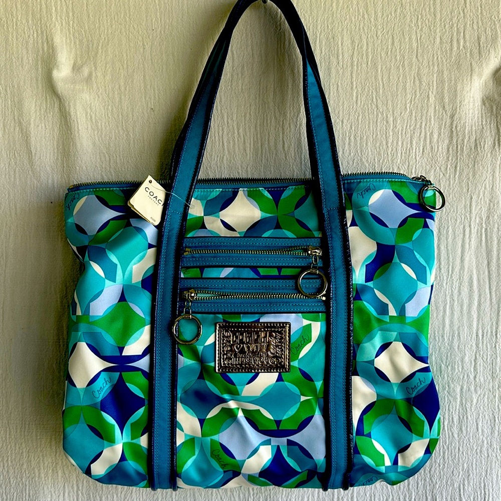 Coach Poppy Kaleidoscope Glam Signature Optic Logo Blue Tote Shoulder Bag. Large